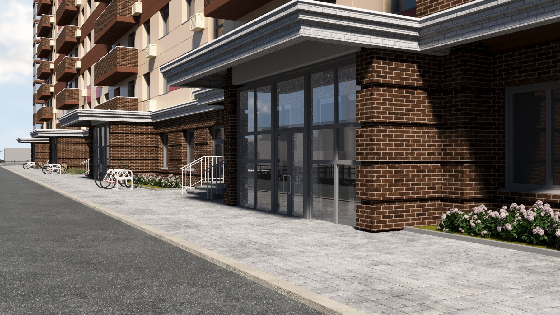 Безбарьерная, широкая входная группа. Дизайнерские холлы подъезда со службой консьерж и просторными колясочными.