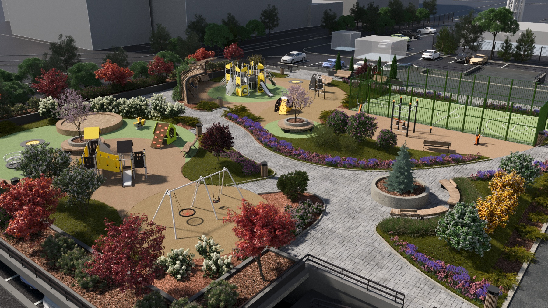 Для маленьких жителей предусмотрены детские и спортивные площадки для разных возрастов с безопасным покрытием.